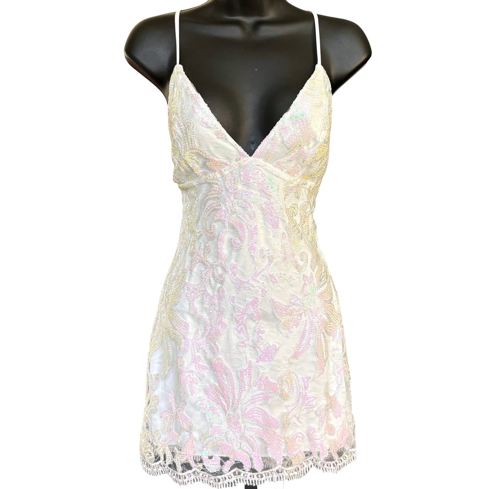 Lucy In the Sky Clarabelle Iridescent Sequin Dress Sz S White Fairy Lace
